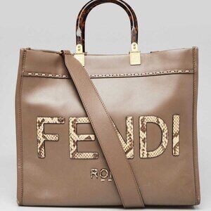 Fendi Dark Beige Leather/Snakeskin Medium Sunshine Tote Bag -8BH386